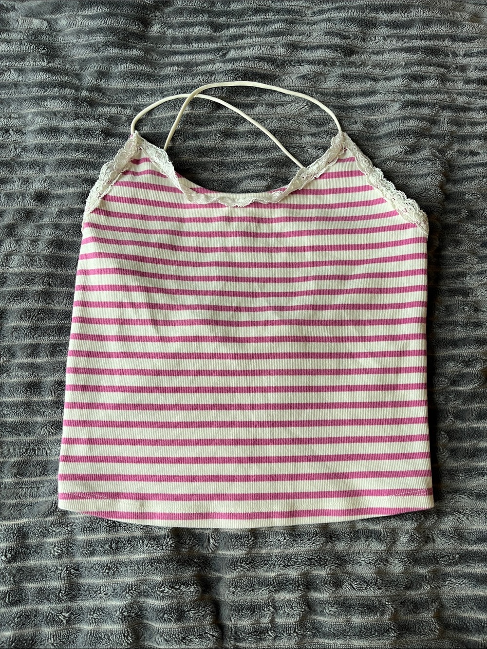 American Eagle Pink and White Striped Lace-Trim Cami